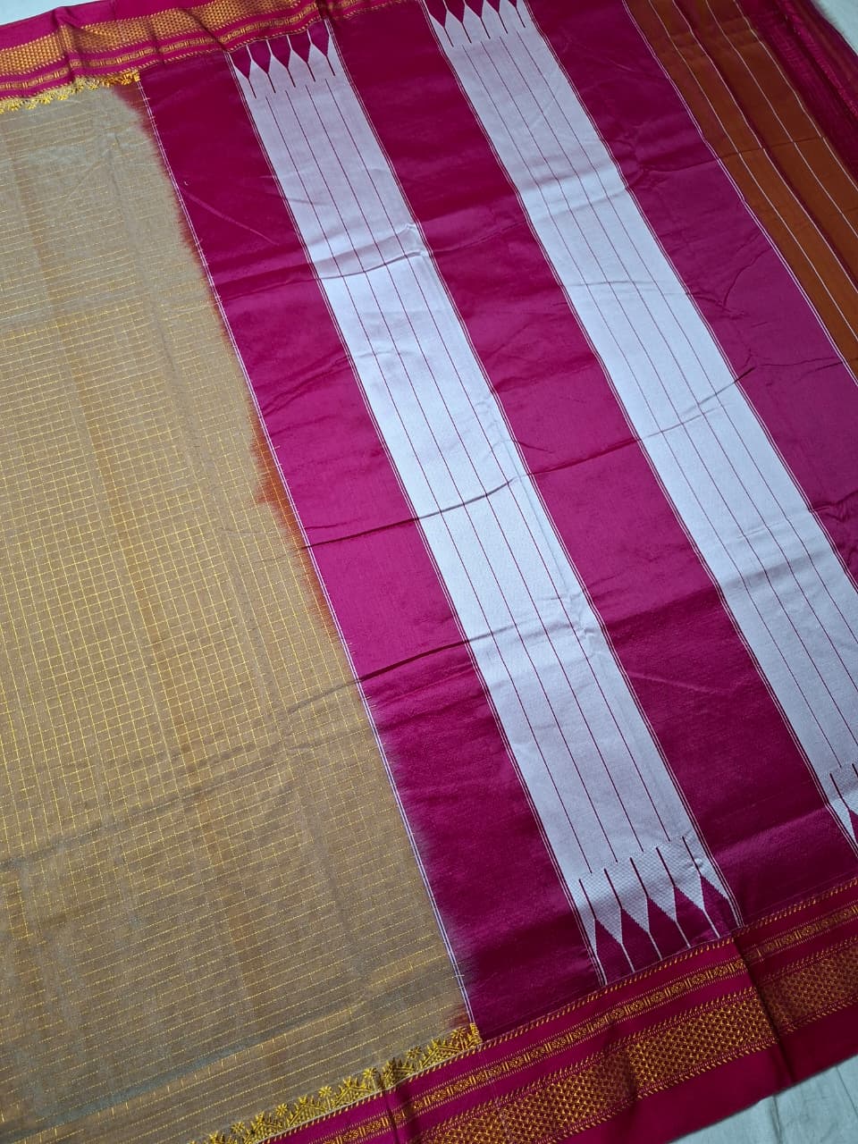 Warm Beige Mini Checks Ilkal Meera Saree with Rani Pink Zari Border