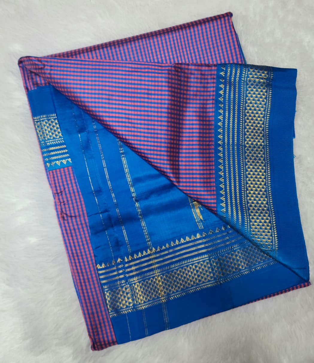 Pink and Blue Checked Ilkal Saree