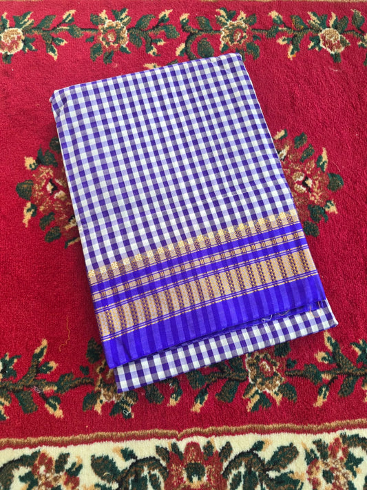 Classic navy blue & White Ilkal Mini Checks Saree