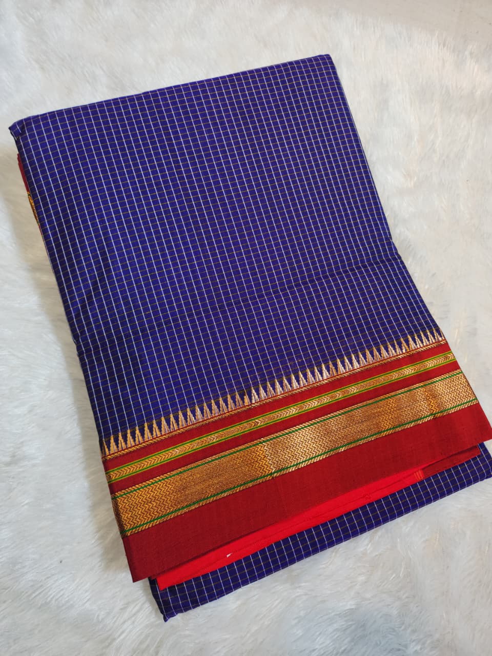 Royal Blue Ilkal Checks Cotton Saree with Thode Paras Border & Silk Pallu