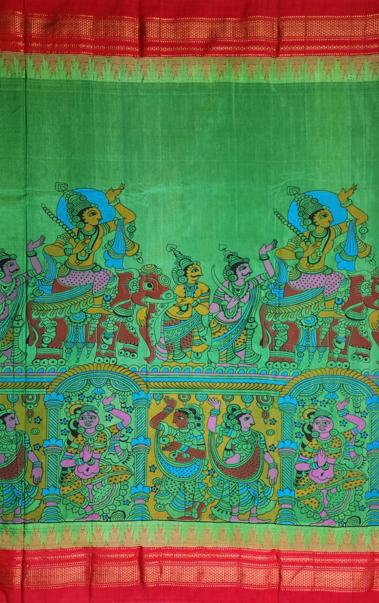 green Kalamkari Fusion Saree – Vishnu Artwork Edition