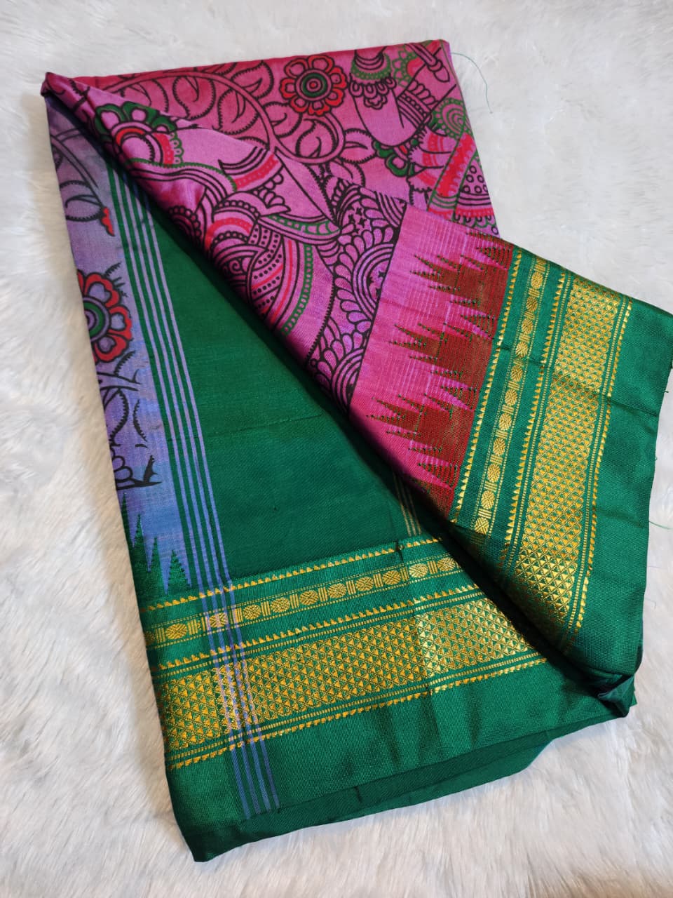 Rich Pink Ilkal–Kalamkari Floral print Fusion Saree