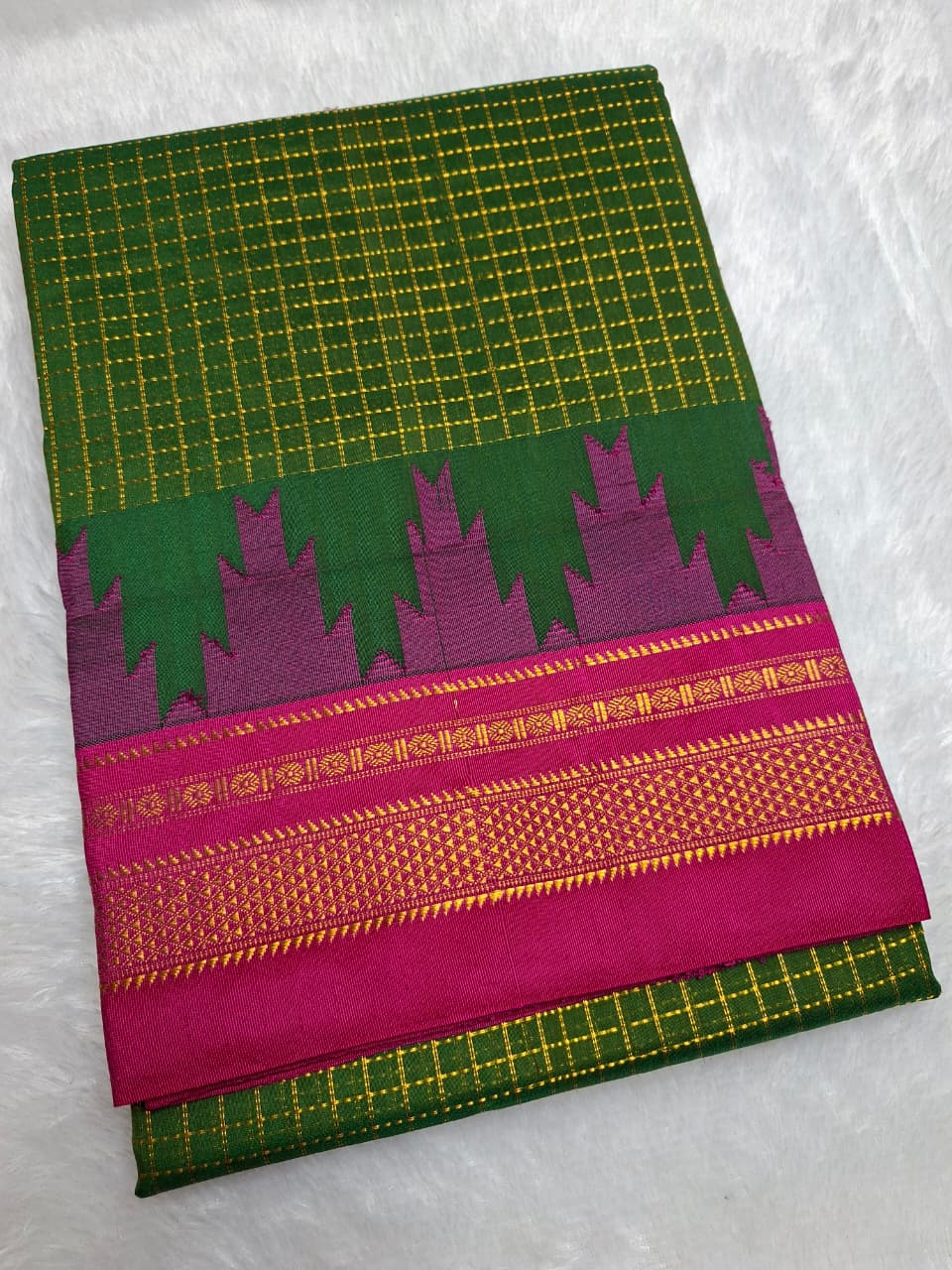 Bottle Green Gadwal Chaduranga Ilkal Cotton Saree with Contrast Zari Border & Pallu