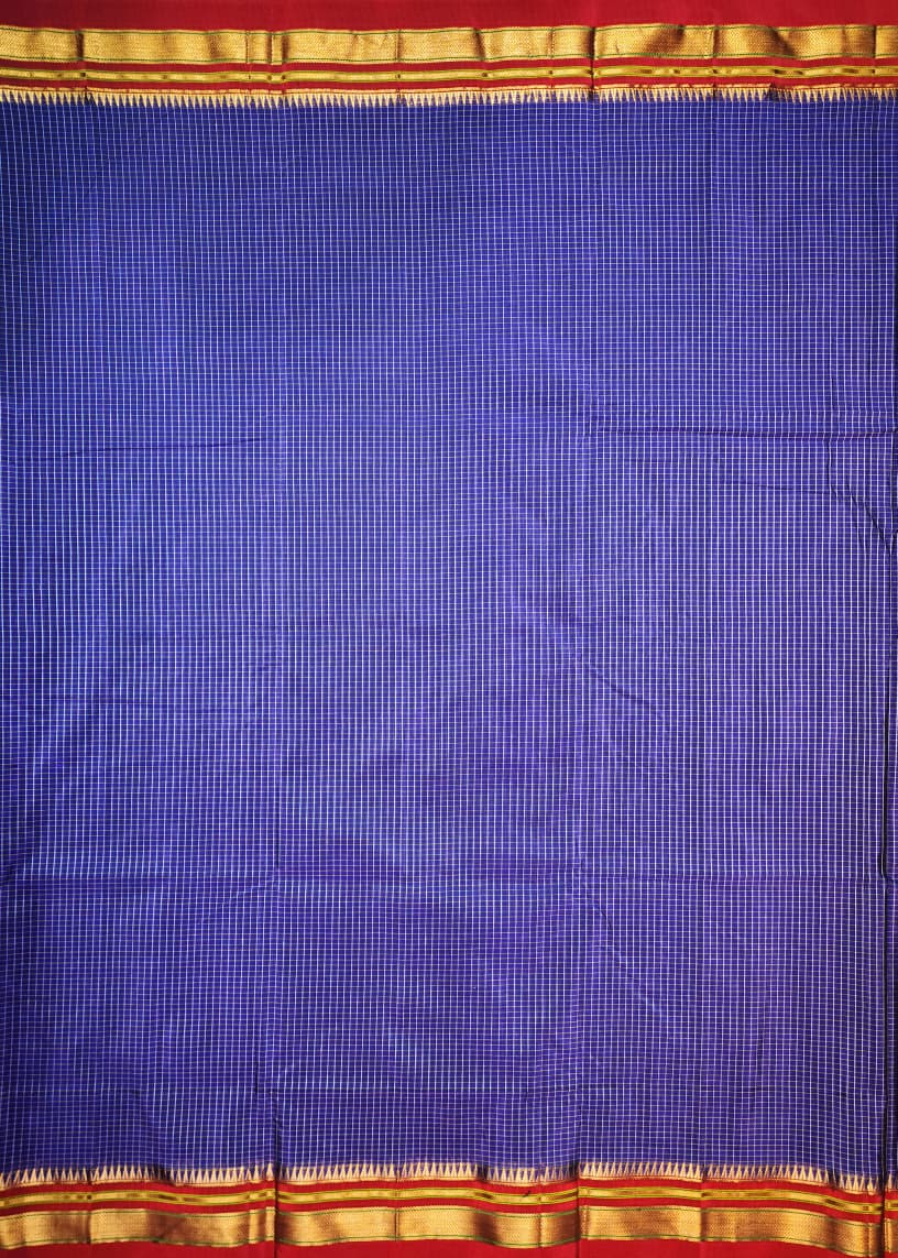Royal Blue Ilkal Checks Cotton Saree with Thode Paras Border & Silk Pallu