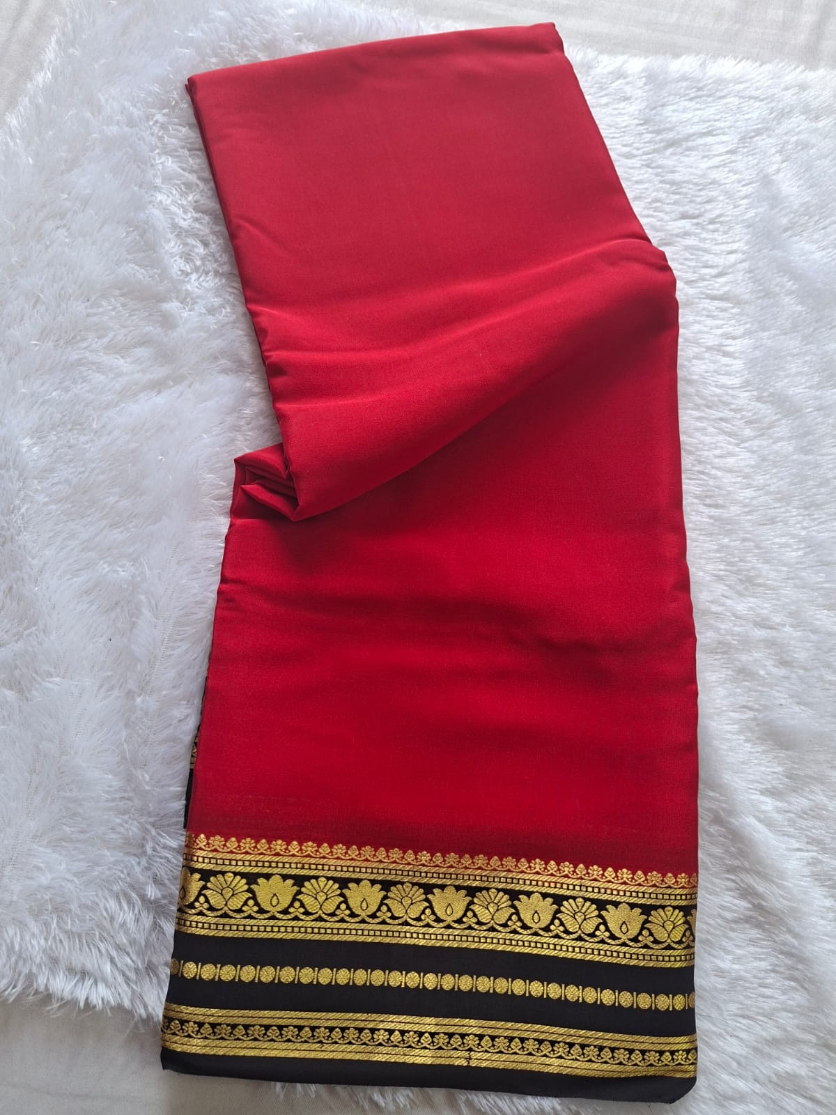 Red Black Mysore Crepe Silk with black flower border
