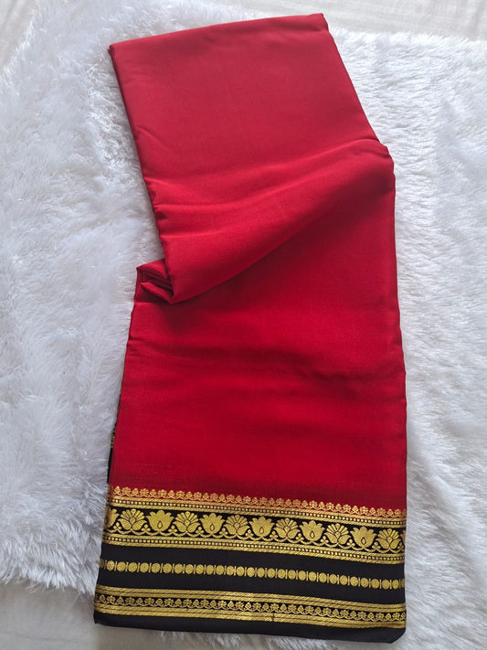 Red Black Mysore Crepe Silk with black flower border