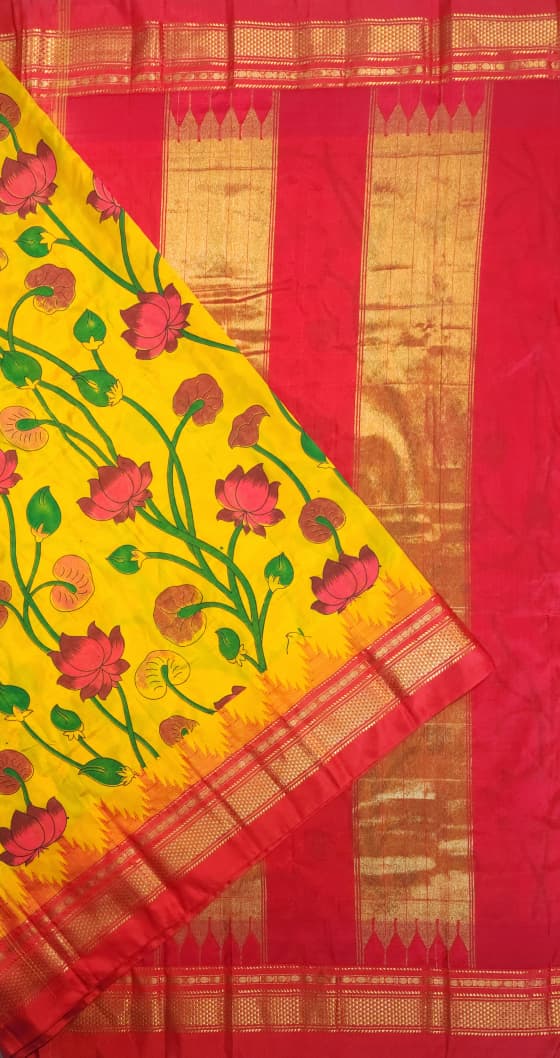 Mustard-Yellow Ilkal–Kalamkari Floral print Fusion Saree