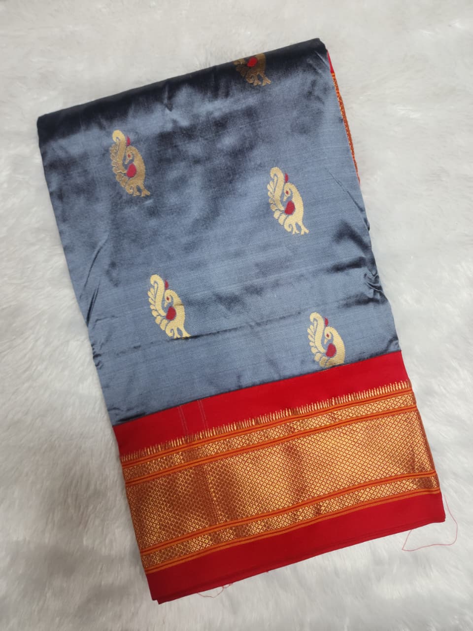 Grey Red Paithani silk