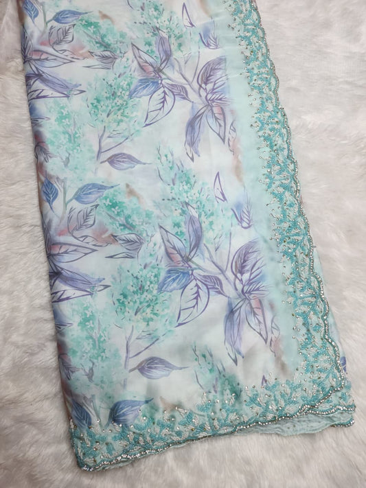 Pastel Blue Floral Party Wear Saree – Soft Elegance Edition