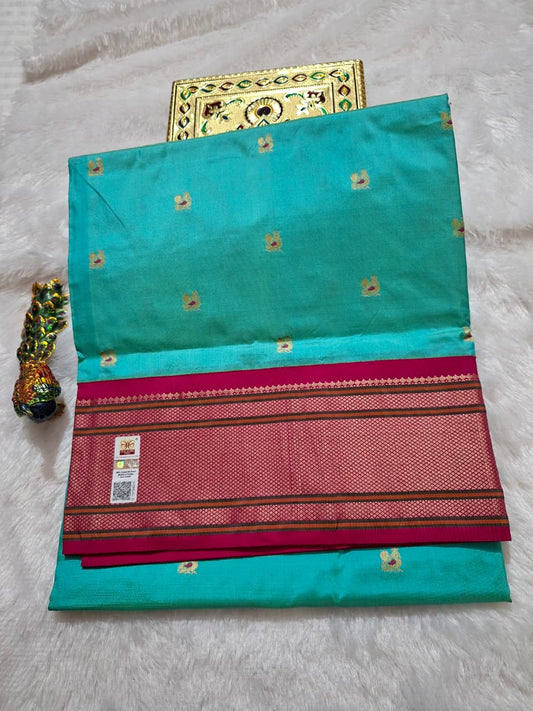Aqua Blue Paithani Silk with Peacock Motifs