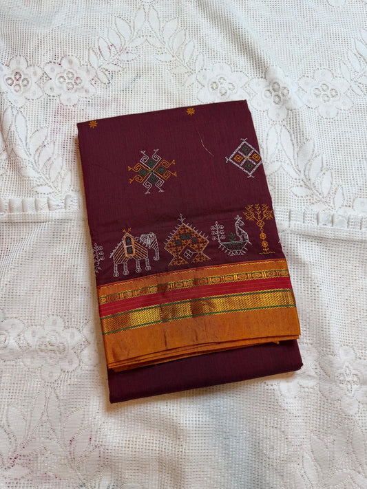 maroon kasuti saree with peacock design