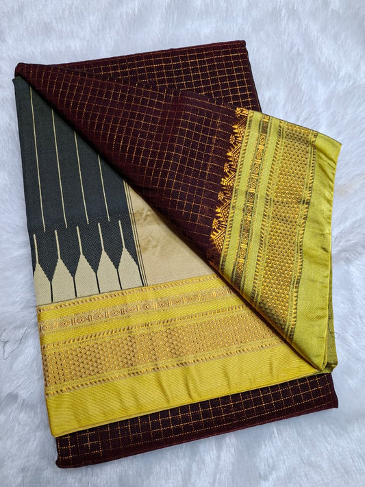 Deep Wine Mini Checks Ilkal Meera Saree with Lime Gold Zari Border
