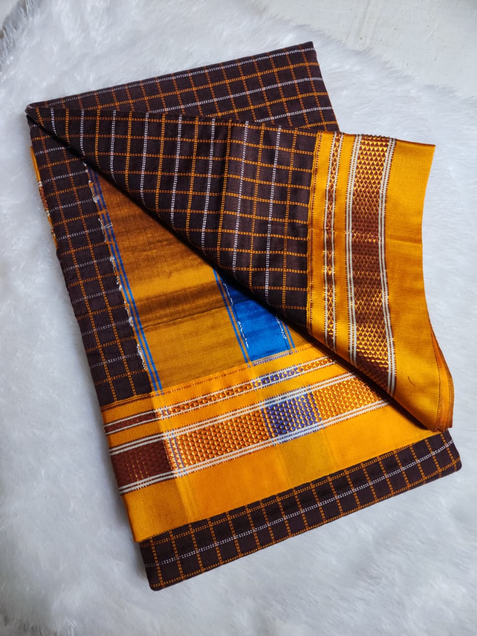 Deep Chocolate Brown Double Checks Ilkal Cotton Saree with Mustard Zari Border