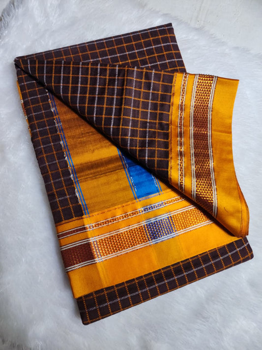 Deep Chocolate Brown Double Checks Ilkal Cotton Saree with Mustard Zari Border