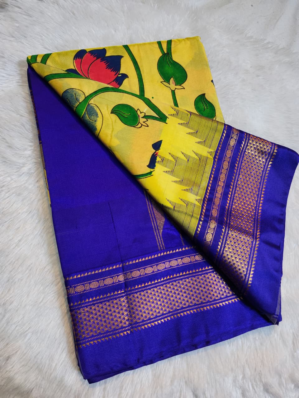 Bright yellow Ilkal–Kalamkari Floral print Fusion Saree