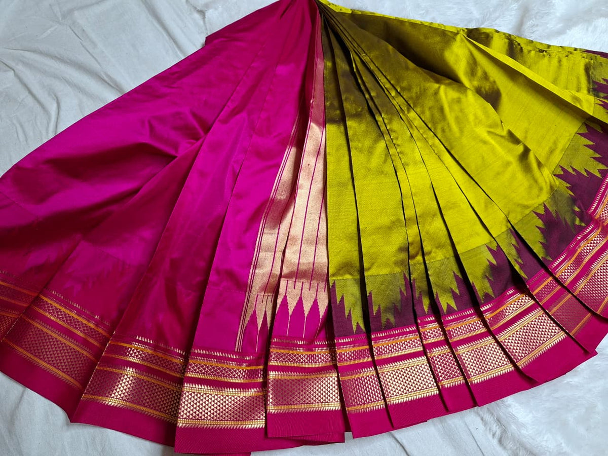 Green -pink plain with temple border ilkal silk