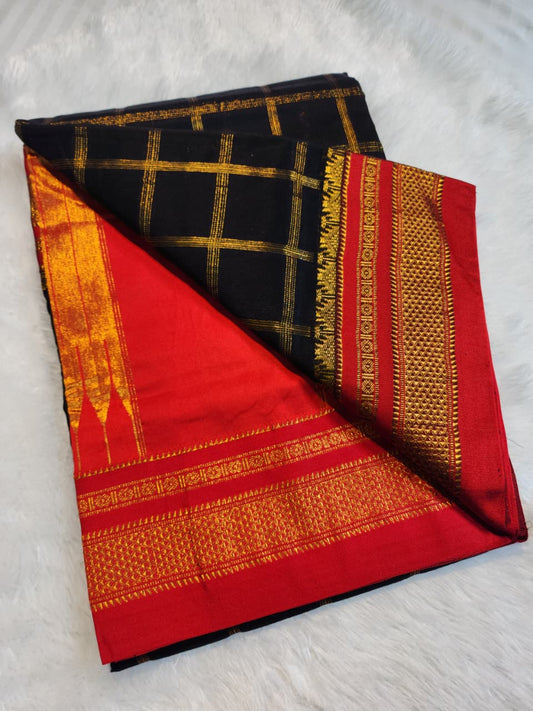 Elegant Black  Big Jari Checks Ilkal Saree