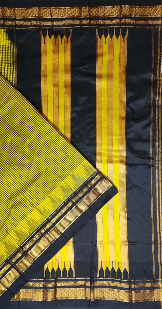 Mustard & Black Gadwal Ilkal Pure Silk Satrangi temple Checks