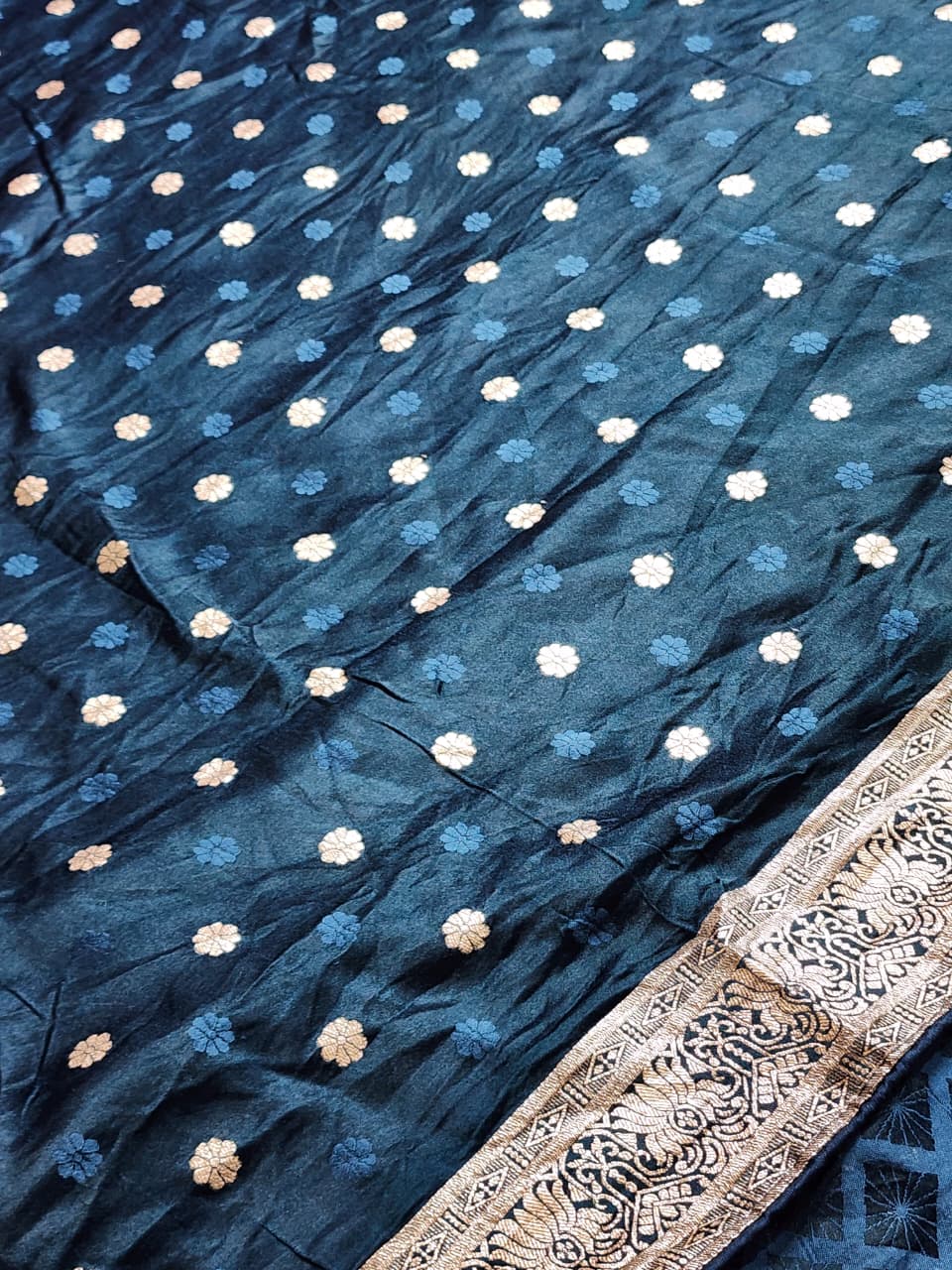 Midnight Blue Bandhani Print Saree with Royal Baraat Motif