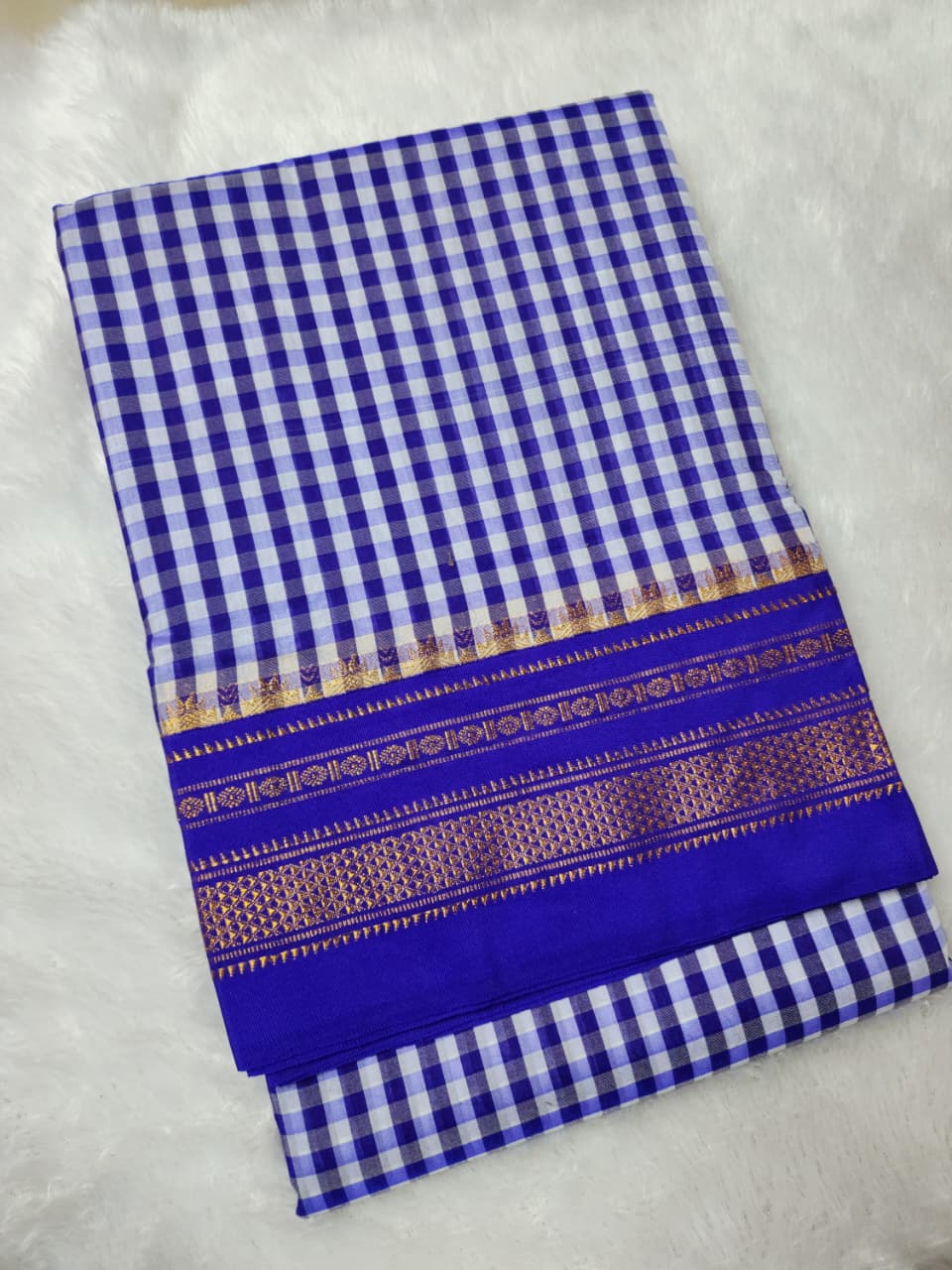 Blue & White Ilkal mini Checks Saree with Rich Pallu