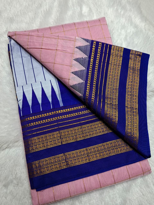 Blush Pink Big Checks Ilkal Saree with Royal Blue Big Border