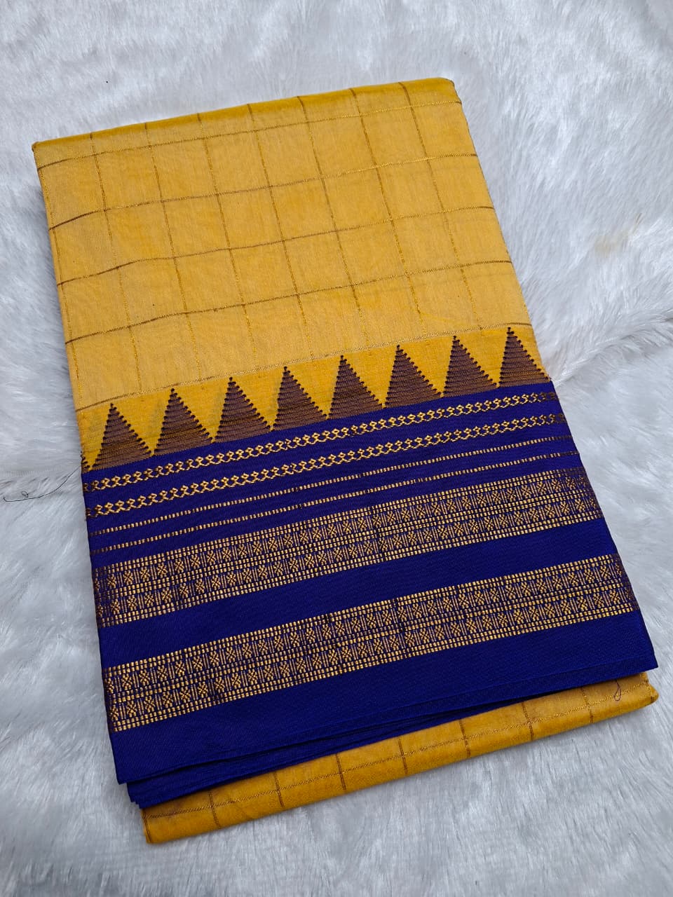 Mustard Yellow Big Checks Ilkal Saree with Royal Blue Big Border