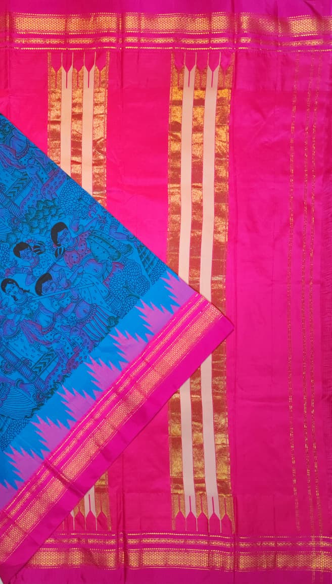 Blue Kalamkari Cotton Saree with Pink Ilkal-Inspired Border