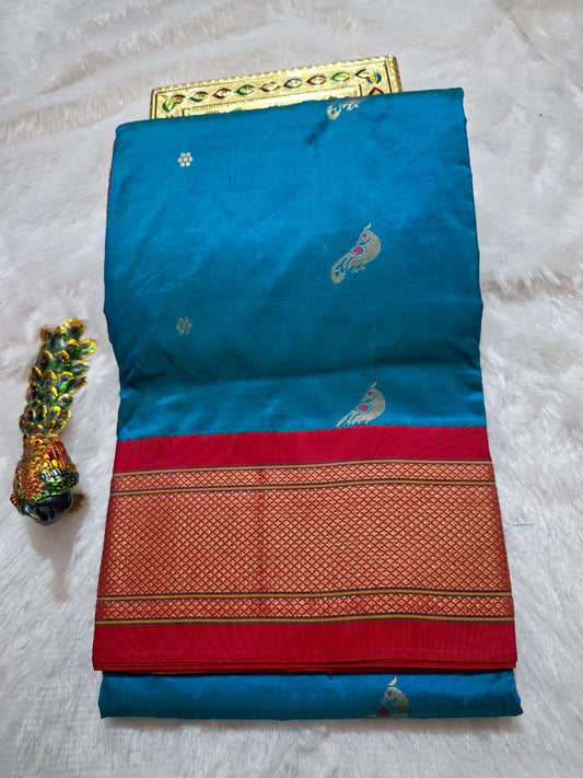 Teal Blue Paithani Silk with Peacock Motifs