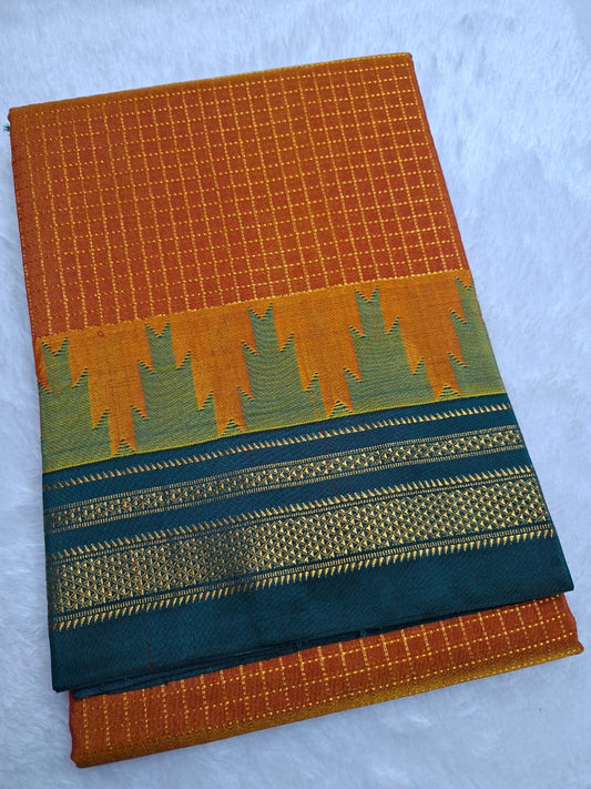 Rust Orange Gadwal Chaduranga Ilkal Cotton Saree with Contrast Zari Border & Pallu