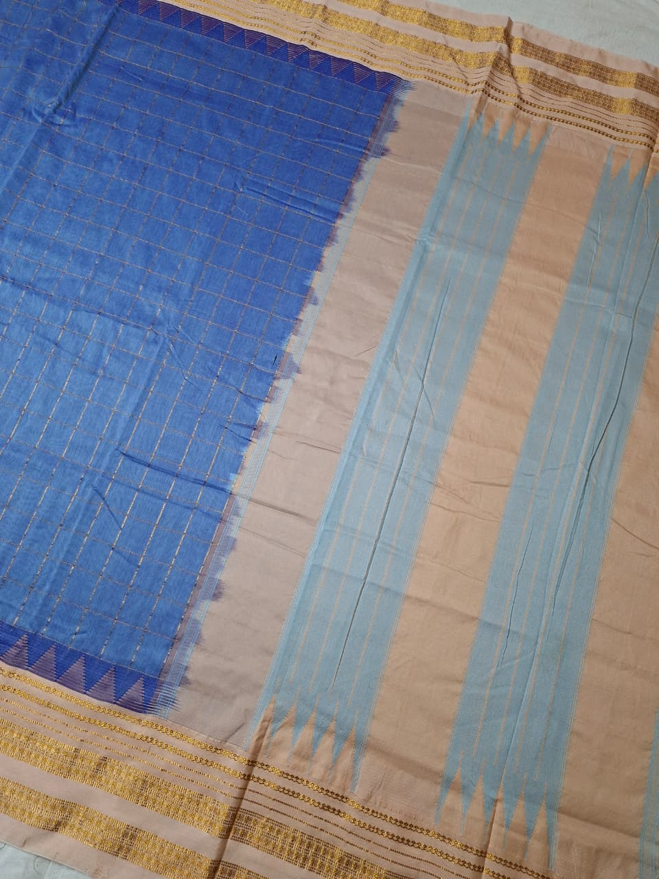 Dusty Blue Big Checks Ilkal Saree with Beige Big Border