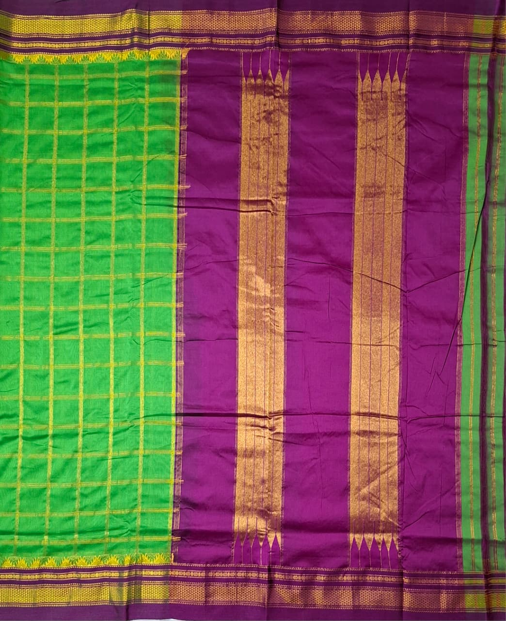 Parrot Green & Purple  Big Jari Checks Ilkal Saree