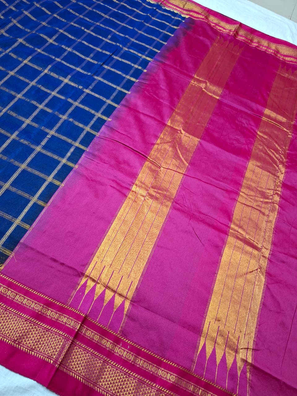 Royal Blue & Rani Pink  Big Jari Checks Ilkal Saree