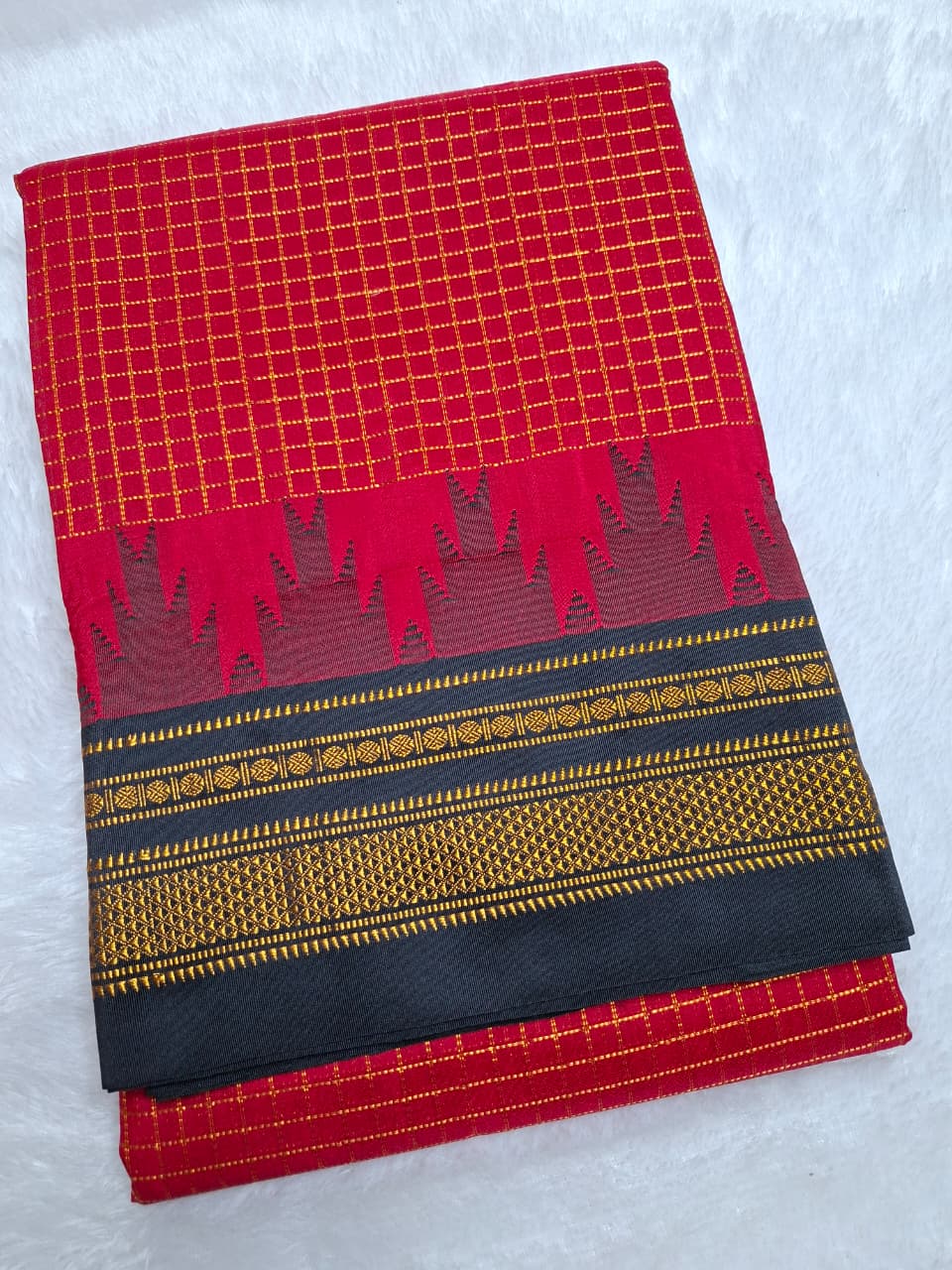 Vermilion Red Gadwal Chaduranga Ilkal Cotton Saree with Contrast Zari Border & Pallu