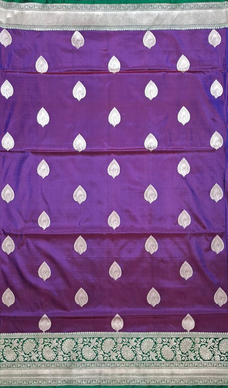 Purple Banarasi Silk Saree with Silver Leaf Motifs
