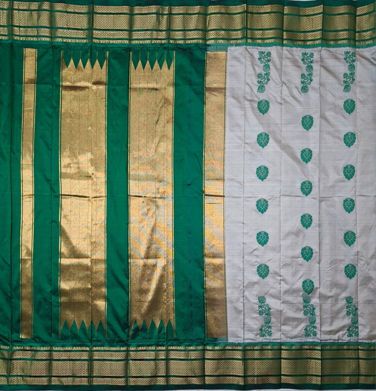 Off-white & green Ilkal Silk saree with floral weavings