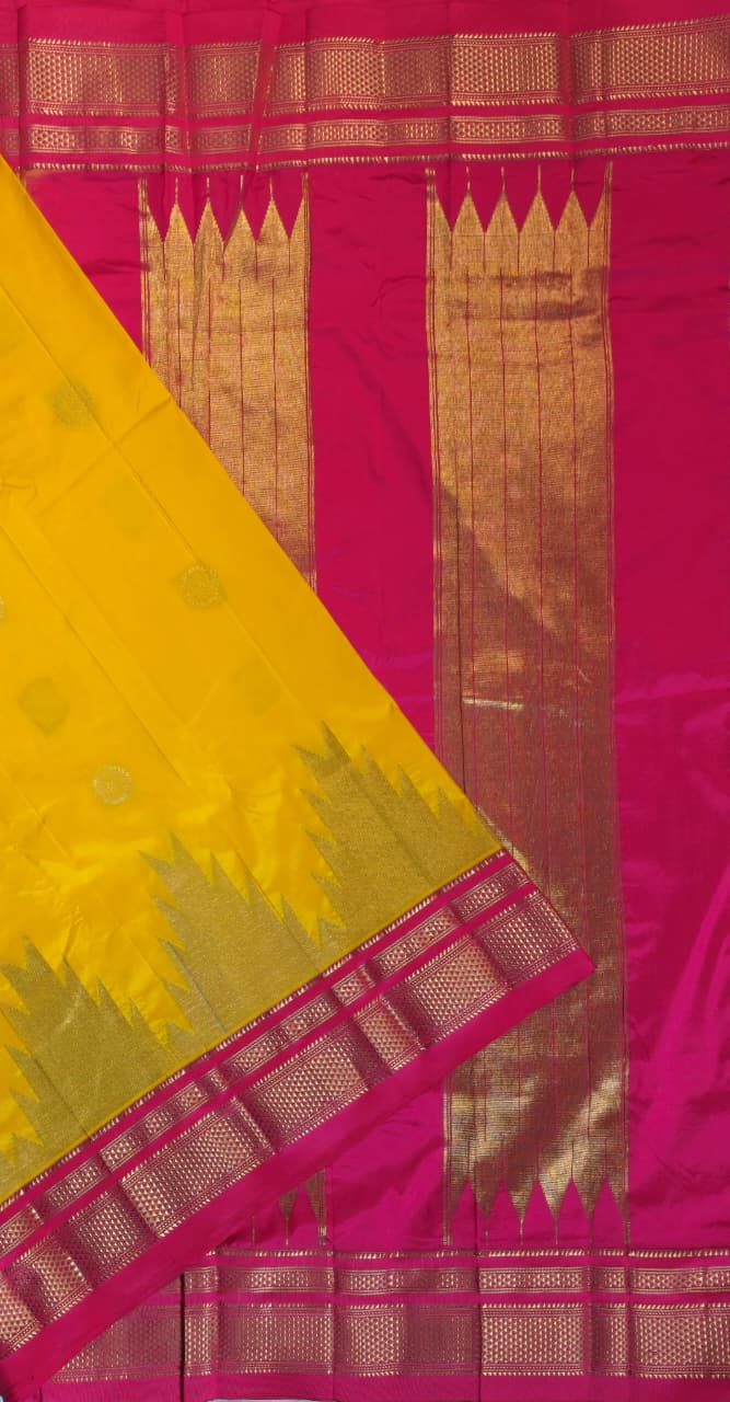Yellow Gadwal Ilkal Silk with Two-Colour Zari Temple Tower Border