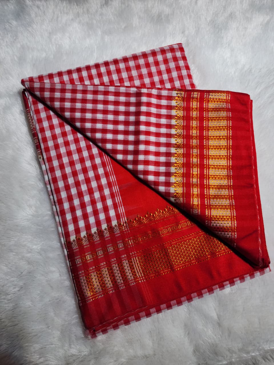Red & White Ilkal mini Checks Saree with Zari Border