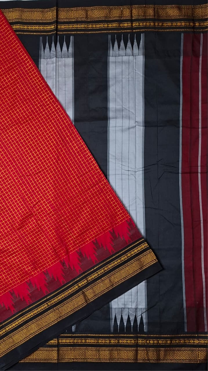 Vermilion Red Gadwal Chaduranga Ilkal Cotton Saree with Contrast Zari Border & Pallu