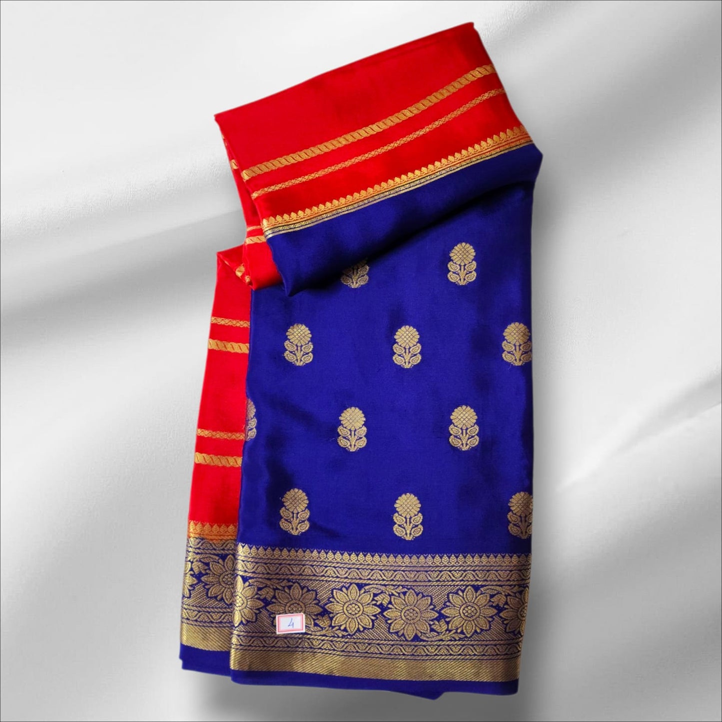 Royal Blue & Red Mysore Silk Saree with Gold Floral Motifs