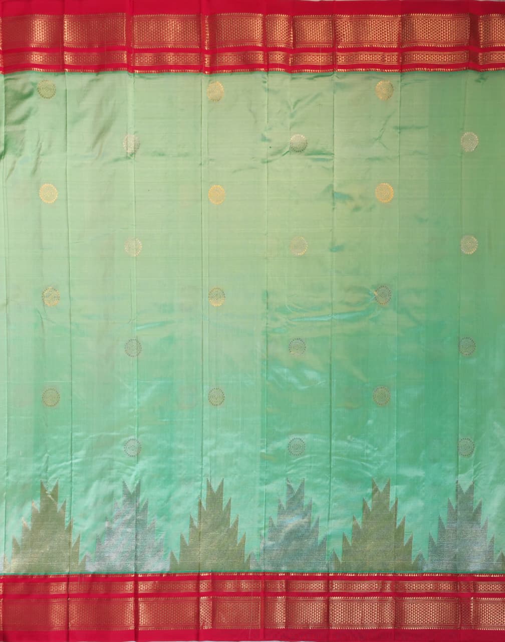 Pista-Green Gadwal Ilkal silk with Two-Colour Zari Temple Tower Border