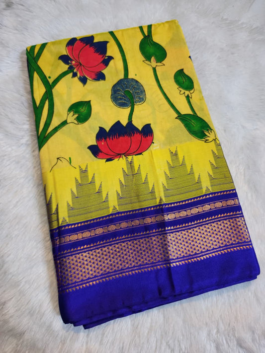 Bright yellow Ilkal–Kalamkari Floral print Fusion Saree