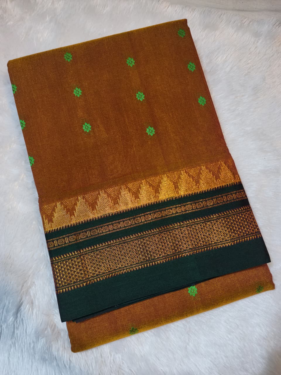 Earthy Brown Ilkal Tana Anjali Butta Cotton Saree with Temple Zari Border