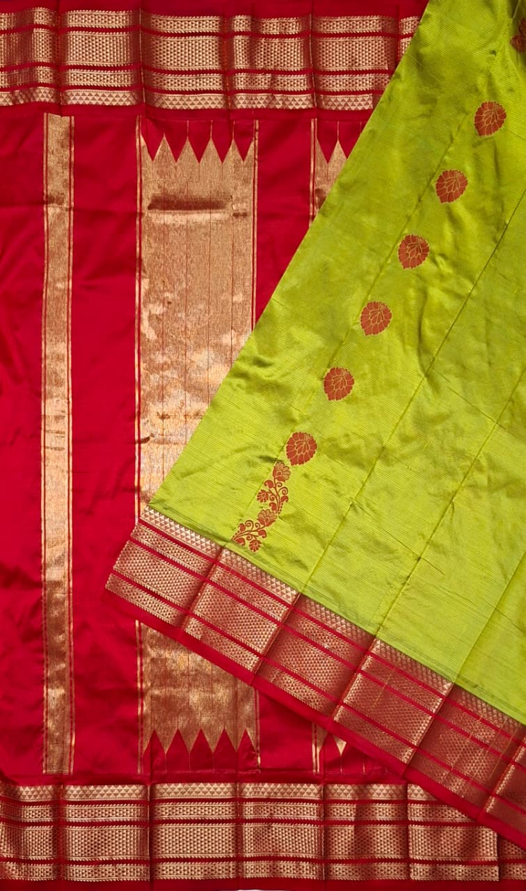 parrot green  & red Ilkal saree with floral weavings