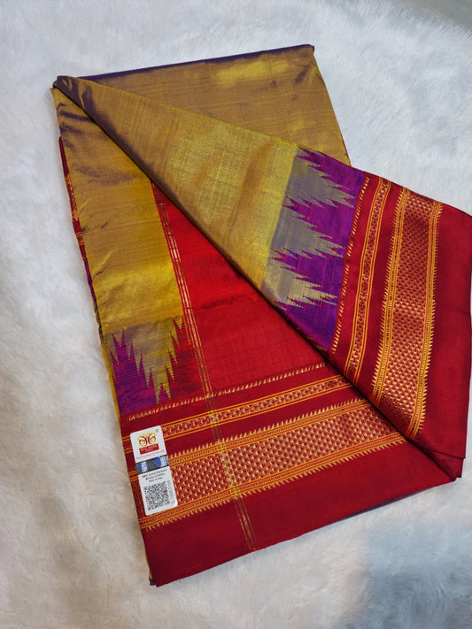 Golden Mustard Plain Ilkal  Silk with BigTemple Border