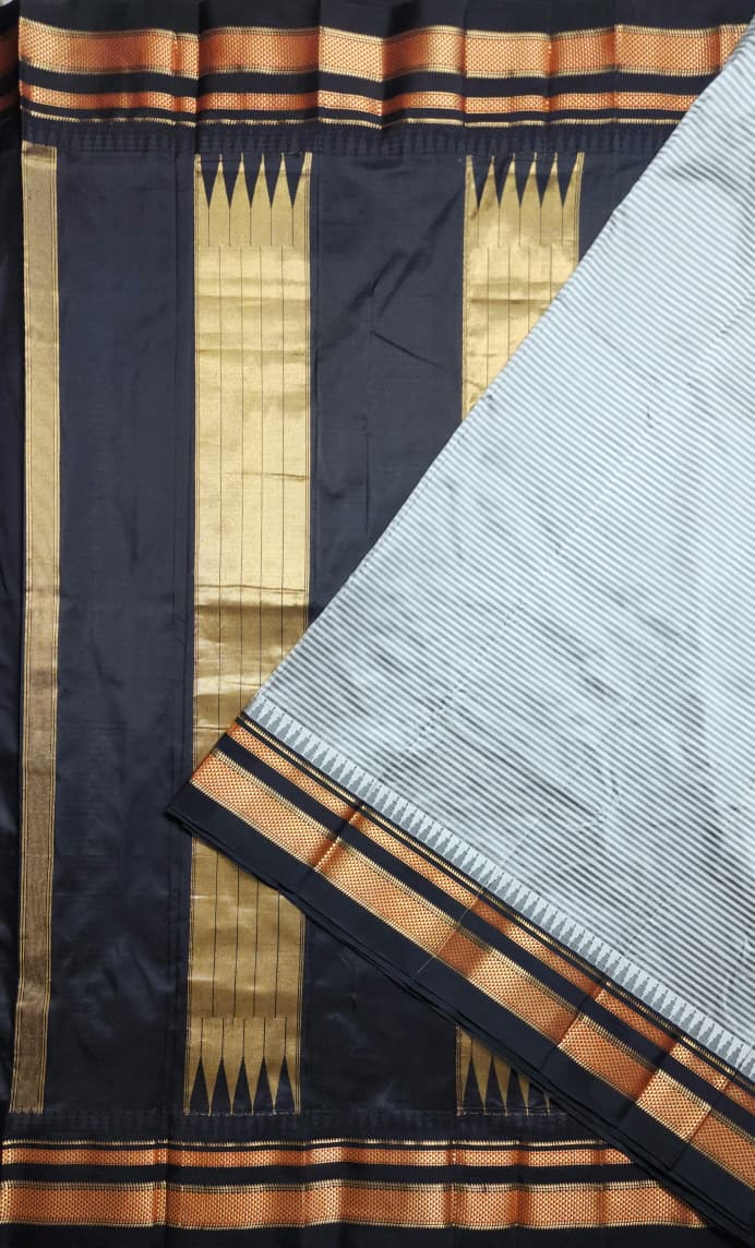 Ivory-Beige Gadwal Pure Ilkal Silk Saree with Rapid Stripes