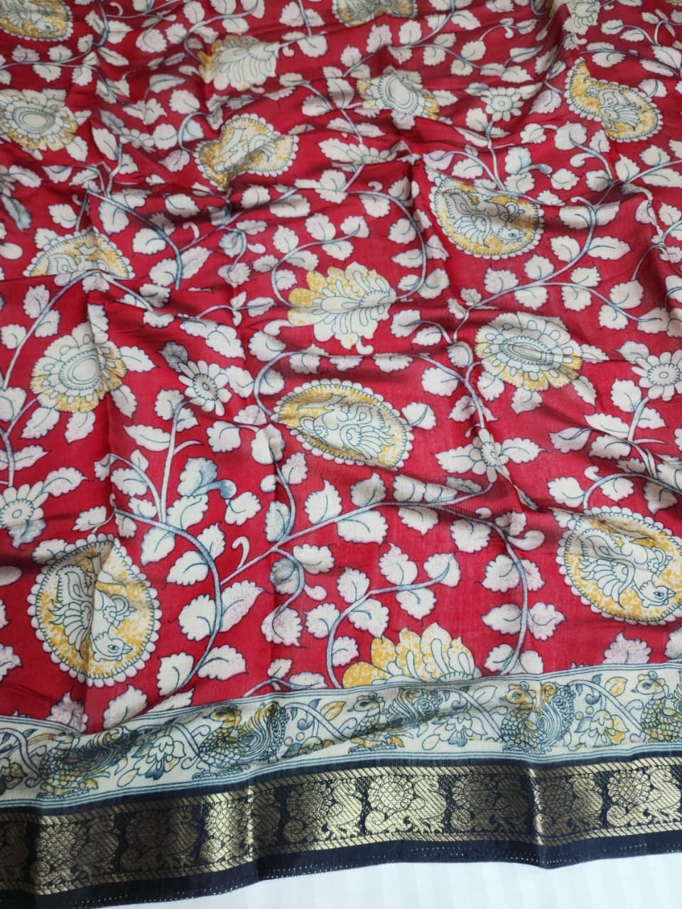 Vibrant Red & Ivory Kalamkari Cotton Saree with Black Zari Border