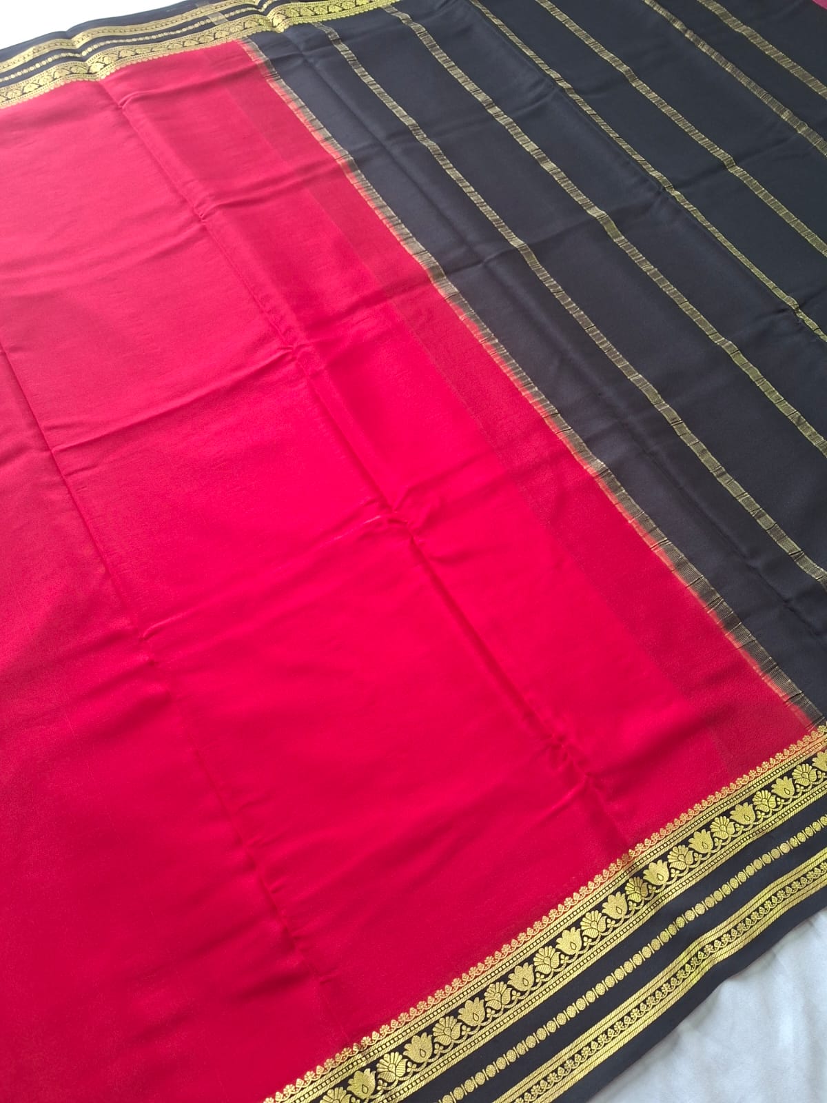 Red Black Mysore Crepe Silk with black flower border