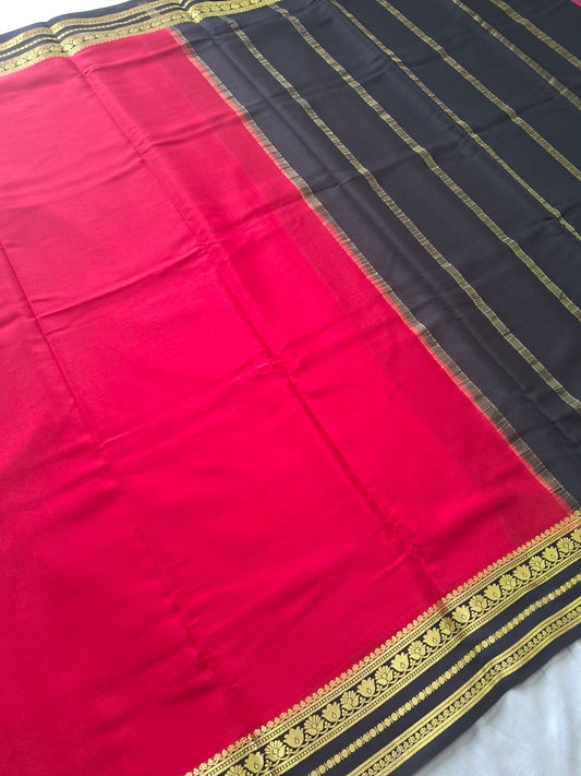 Red Black Mysore Crepe Silk with black flower border