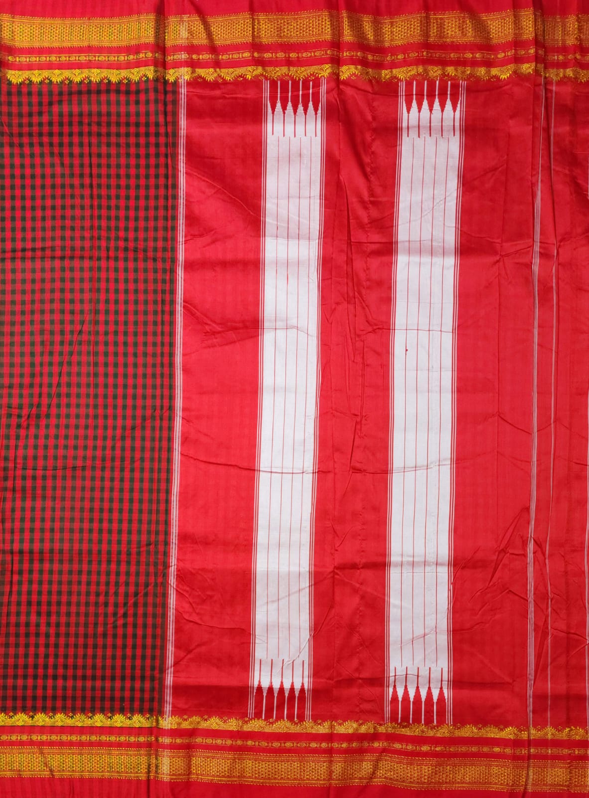Red and Black Ilkal mini Checks Saree with Rich Pallu