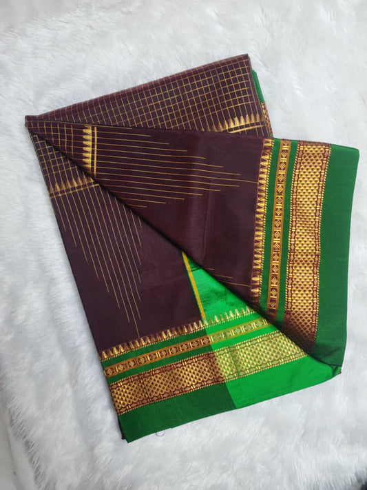 Brown Checked Ilkal Saree with Skirt border